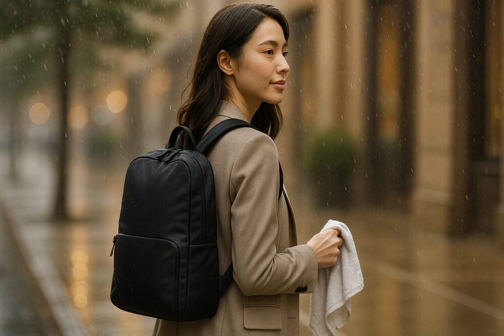 小雨の夕景をスリムな防水リュックで歩く女性の後ろ姿（雨でも安心の締めカット）