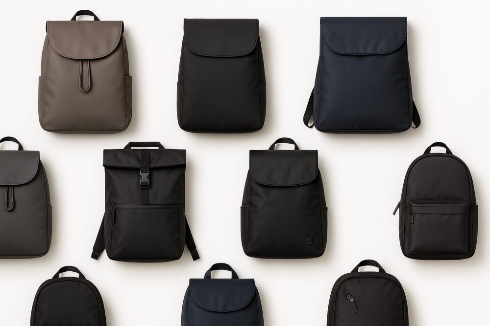 防水・撥水仕様のレディースリュック9点を白背景に整然と並べたカタログ風グリッド