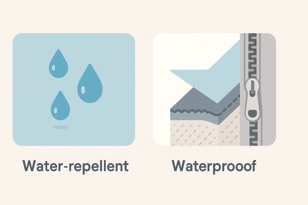 撥水（表面ではじく）と防水（膜＋縫い目処理＋止水ジップ）の違いを示すイラスト