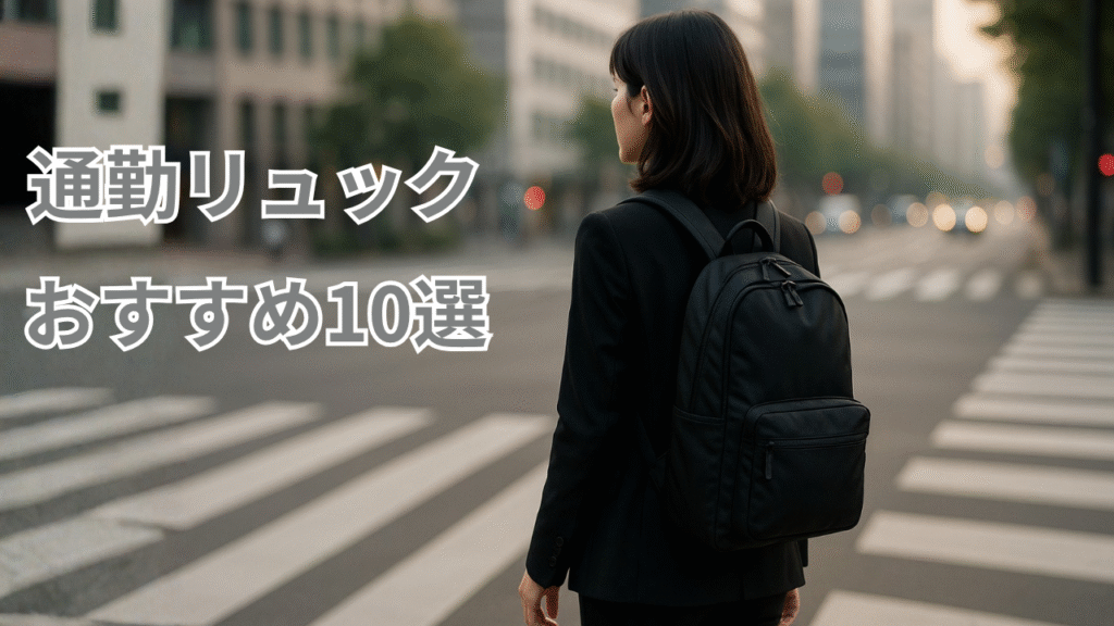 朝の交差点で通勤リュックを背負って歩く女性の後ろ姿。上部に『通勤リュック』『おすすめ10選』のタイトル入り、シネマティックな雰囲気のアイキャッチ