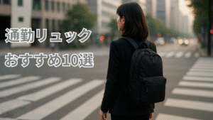 朝の交差点で通勤リュックを背負って歩く女性の後ろ姿。上部に『通勤リュック』『おすすめ10選』のタイトル入り、シネマティックな雰囲気のアイキャッチ