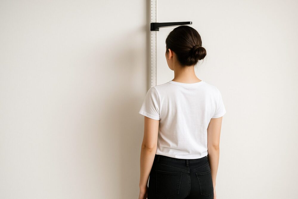 白いスタジオの身長計で、女性が後ろ向きに直立して計測バーに頭を当てている。白Tシャツと黒スキニー、自然光で清潔感のあるシーン