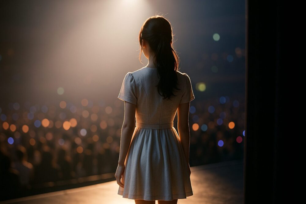コンサート会場のバックステージで、後ろ向きの女性がステージ袖からライトへ歩き出す瞬間。無地のワンピース衣装、逆光でヘアラインが縁どられ、客席はボケた光の海に見える
