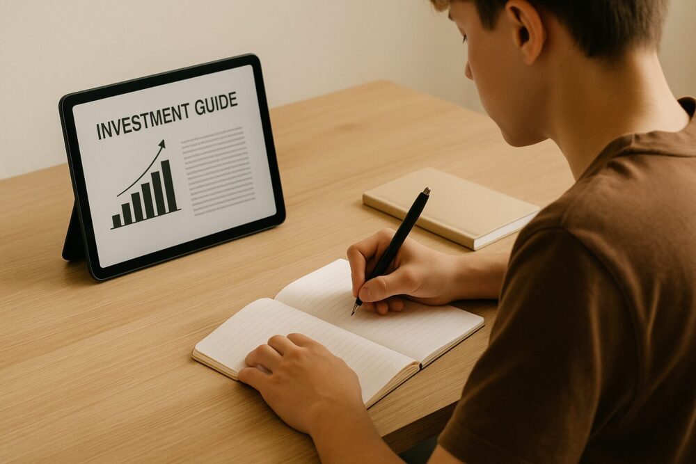 投資ガイドをタブレットで読みながらノートにメモを取る若者