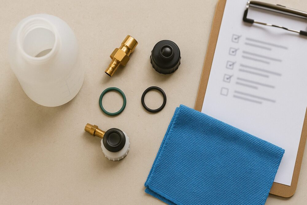 選定キットのフラットレイ。広口ボトル（目盛は不可読）、真鍮ノズル、Oリング数種、圧抜きキャップ、マイクロファイバークロス、端にチェックリストを配置。