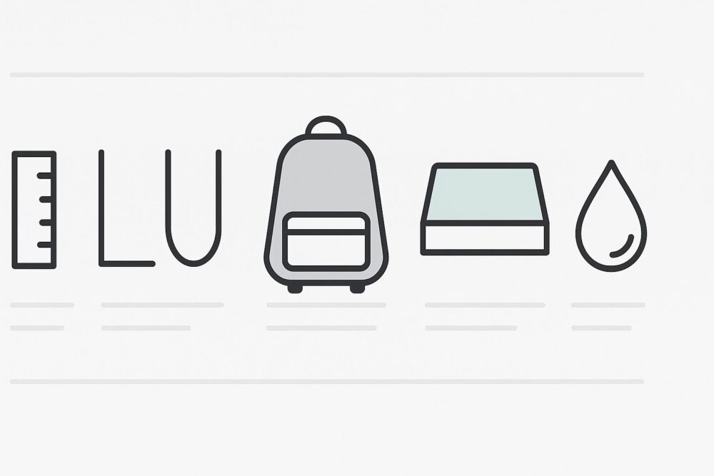 内寸幅・開口タイプ・PC保護・自立・撥水をアイコン列で示したミニマルなチェックリスト風イメージ