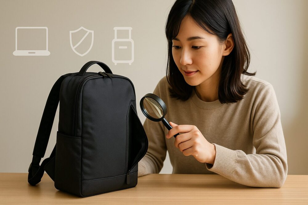 デスクで拡大鏡を用い、L字開口や自立底など通勤リュックの要点を確認する女性のコンセプト画像