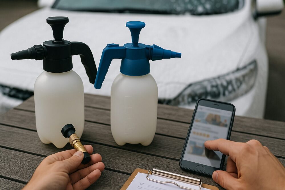 屋外テーブルでスマホ画面をタップする指先。手前に2種類の蓄圧フォームガンが並び、背景に泡の残る白いボンネット。購入の意思決定シーンを表現。