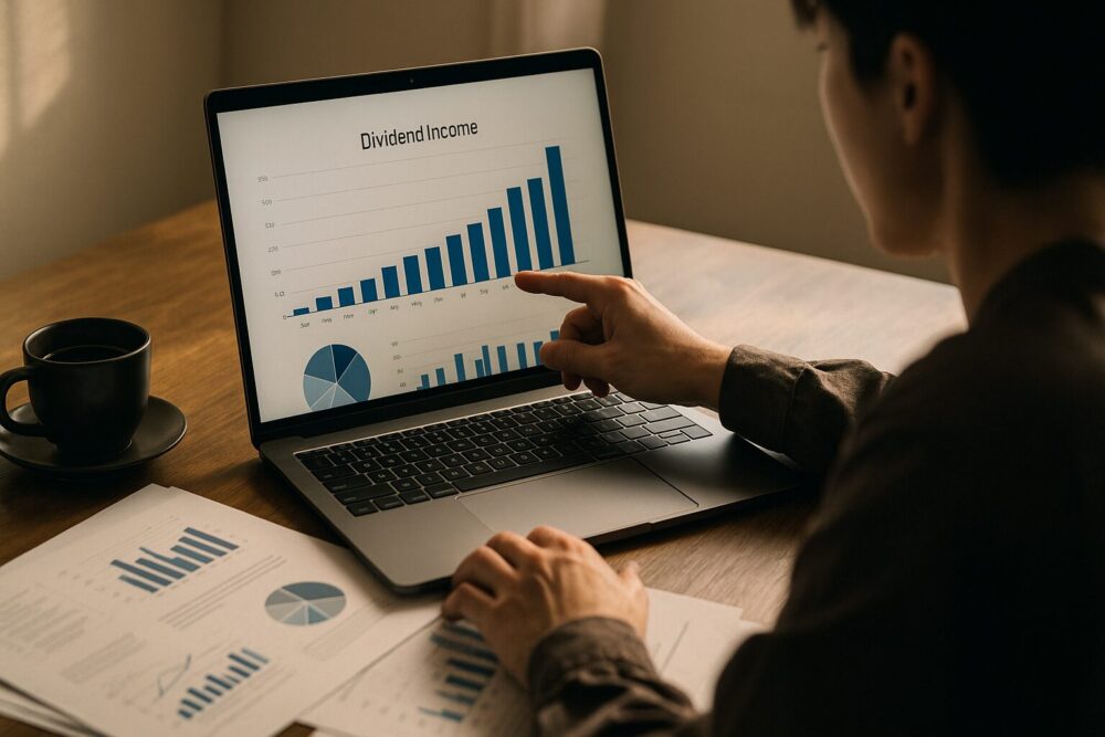 配当収入のグラフをノートパソコンで分析しながら資料とコーヒーを並べる人物