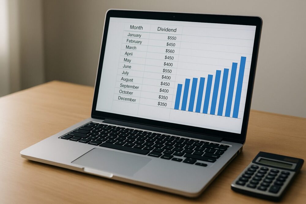 配当金のスプレッドシートを表示したノートパソコンと電卓が置かれた整ったデスク