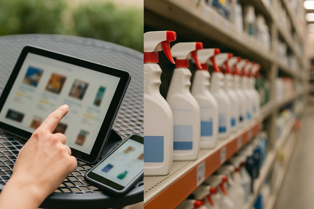 左は屋外テーブル上のタブレットとスマホでECの比較画面（文字は不可読）、右はホームセンター棚でスプレーボトルを手に取る様子。ECと店頭の違いを対比。