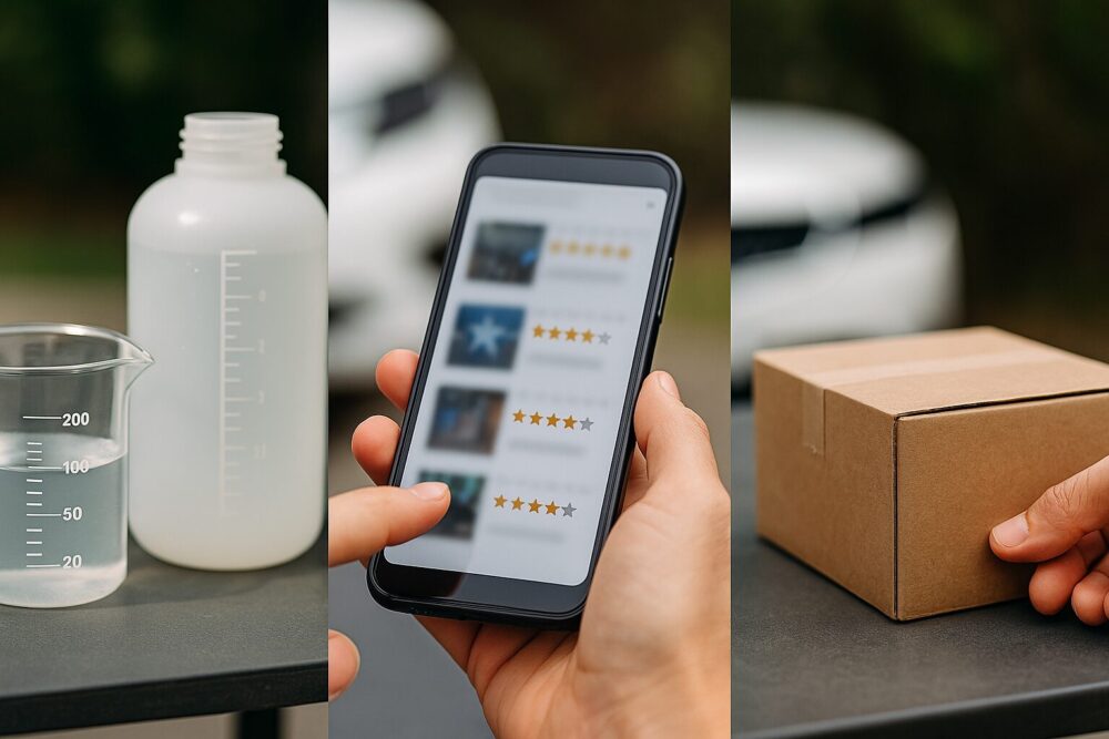 三分割の擬似コラージュ。1) 目盛付き広口ボトルと計量ビーカー、2) レビューサムネと星形がぼけたスマホ画面、3) 開封前の小包を開ける手。EC購入の利点を視覚化。