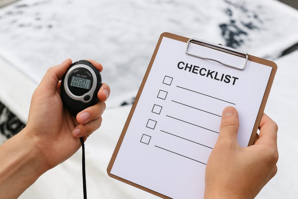 チェックリスト入りのクリップボードとストップウォッチを両手に持つ手元のクローズアップ。背景に泡が乗ったボンネットがやわらかくボケ、確認事項と時間管理のイメージを表す。