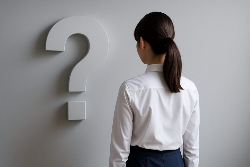 柔らかなグレーの壁にある立体的な「?」オブジェへ、後ろ向きの女性が手を伸ばす直前のシーン。白シャツとネイビースカート、間接照明でミニマルかつ知的な雰囲気