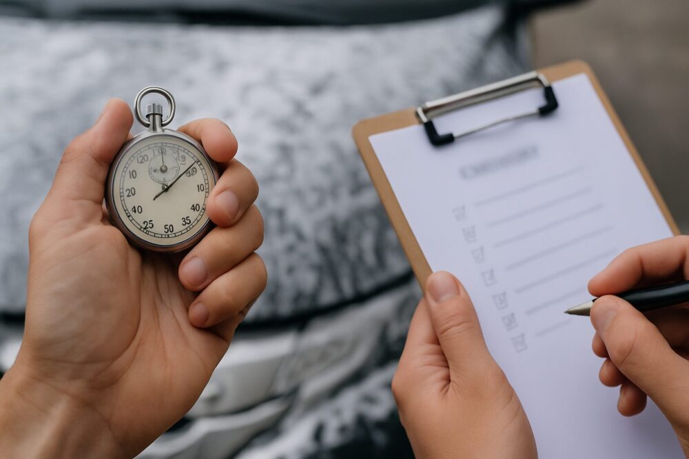 両手のクローズアップ。片手にストップウォッチ、もう片手にチェックリスト付きクリップボード。背景は泡の乗ったボンネットがやわらかくボケ、確認と時間管理を示す。