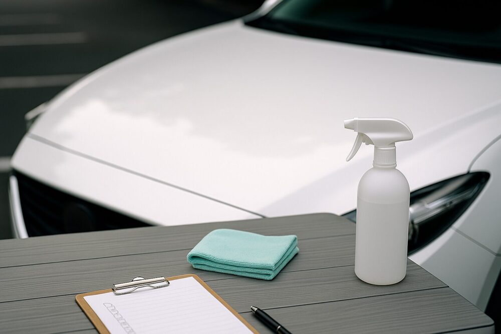 洗車が終わり艶のある白いボンネットに均一な反射が出ている完成カット。手前に清潔なマイクロファイバークロスと無地ボトルをぼかして配置し、正しい手順の成果と満足感を表す。