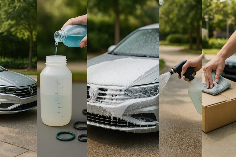 横長1枚に5つの小シーンを連続表示。日陰の駐車、希釈、均一噴霧、ホースでのリンス、クロスでの拭き上げ。工程の流れが一目で分かる。