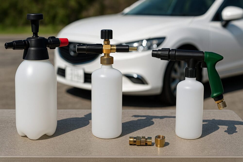 屋外テーブルの俯瞰。左から蓄圧式2Lボトル（手動ポンプ）、中央に高圧用フォームキャノン（真鍮ノズル＋1/4クイック）、右にホース直結フォームガンを横一列に配置。接続口とノズル形状の違いが分かる。背景には白いセダンがぼかして写る。