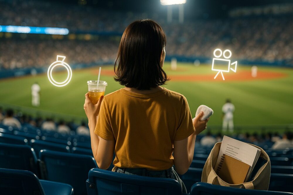 プロ野球観戦にハマっている最近のエピソードを表現した、野球場のスタンドで試合を眺める女優風の若い女性の後ろ姿画像