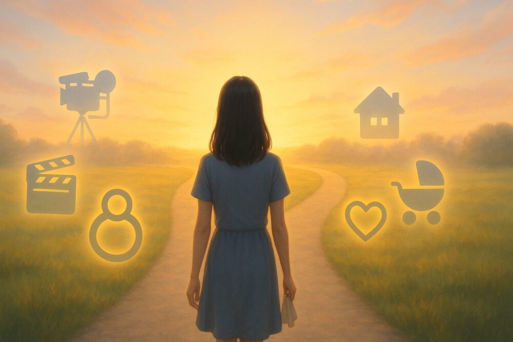 仕事と家庭の両輪で進む女優・黒島結菜の現在とこれからの活躍をまとめるイメージとして、キャリアと家族のアイコンに囲まれた道を歩く女性の後ろ姿画像