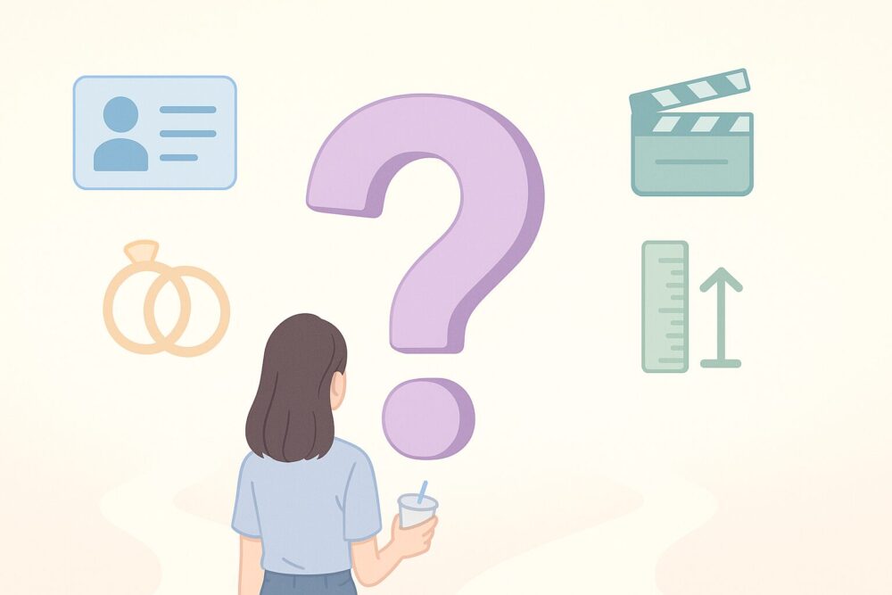 黒島結菜と宮沢氷魚の関係や結婚・身長などの疑問をQ&Aで整理するセクションを表現した、プロフィールや身長計・指輪・映画アイコンが浮かぶクエスチョンマークの概念画像