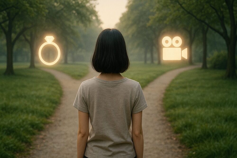 黒島結菜は結婚よりも入籍にこだわらないパートナーシップとキャリアを選んでいることをイメージした、結婚指輪とカメラの分かれ道に立つ女性の後ろ姿画像