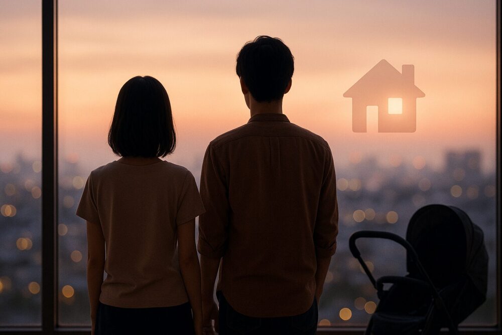 黒島結菜と宮沢氷魚のパートナー関係と第1子誕生を表現した、夕景の街を見つめるカップルとベビーカーの後ろ姿イメージ画像