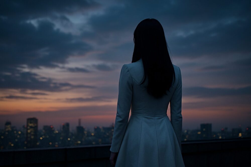 夕暮れの街並みを白いコート姿で見下ろす女性の後ろ姿の写真・ドンブラザーズのソノニ役を連想させるイメージ
