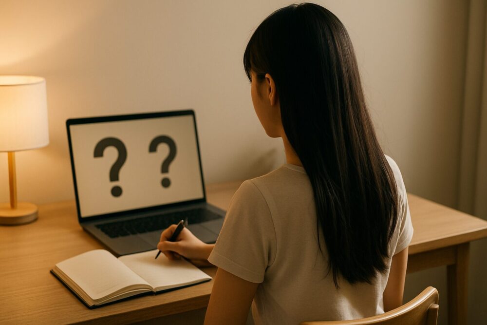 ノートパソコンとノートを前にデスクに座り、質問に答えているように見える若い女性の後ろ姿の写真・宮崎あみさに関するよくある質問コーナーのイメージ