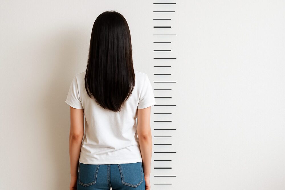 身長計の前にまっすぐ立つ小柄な女性の後ろ姿の写真・宮崎あみさの身長情報をイメージしたカット