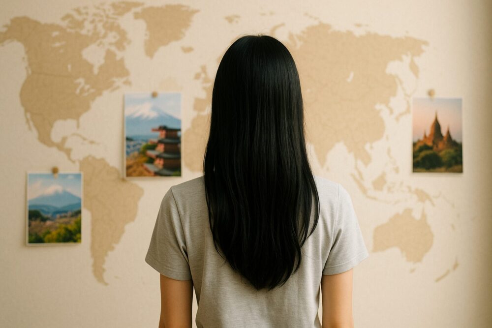 世界地図と日本やミャンマーを思わせる風景写真が貼られた壁の前に立つ女性の後ろ姿の写真・宮崎あみさの日本とミャンマーのハーフという背景を表現