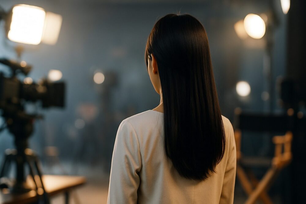 撮影スタジオの機材を前に立つ若い女優の後ろ姿の写真・宮崎あみさのドラマや映画など最近の活動をイメージ