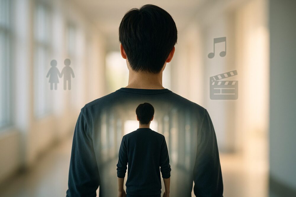 家族や音楽、俳優としての道を象徴するアイコンに囲まれながら前に進む若い男性の後ろ姿で、宮沢氷魚のこれからをイメージした写