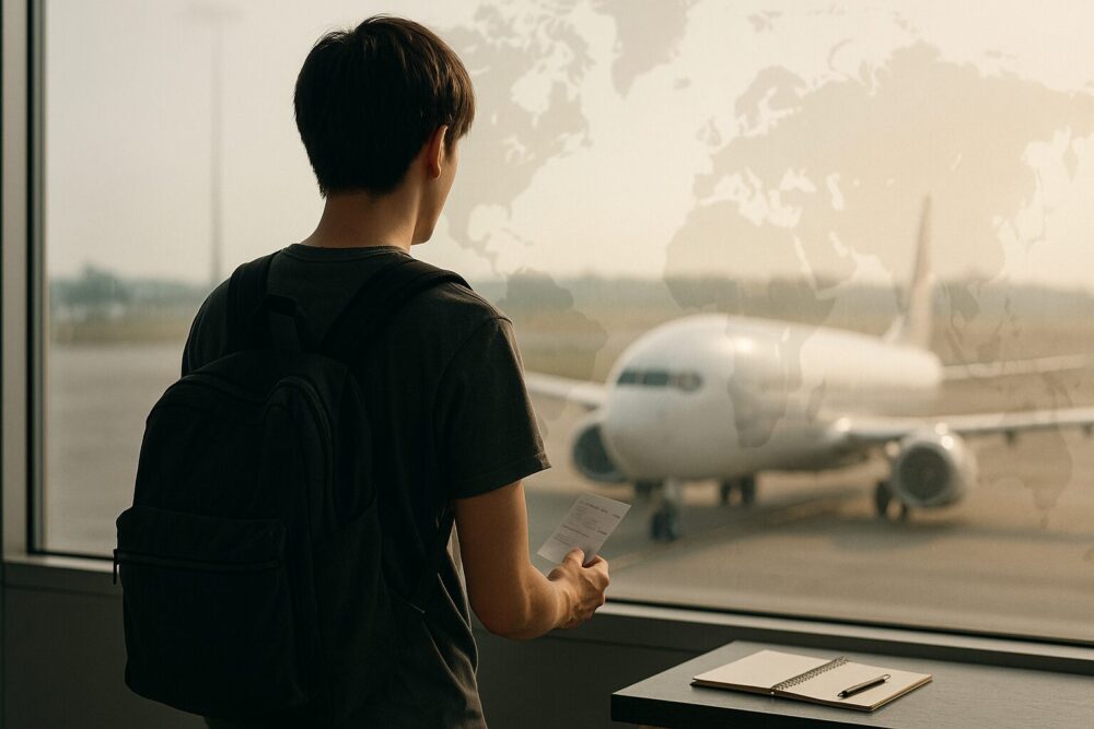 サンフランシスコ生まれで帰国子女の宮沢氷魚の国際的な生い立ちをイメージした、空港の窓辺に立つ若い男性の後ろ姿