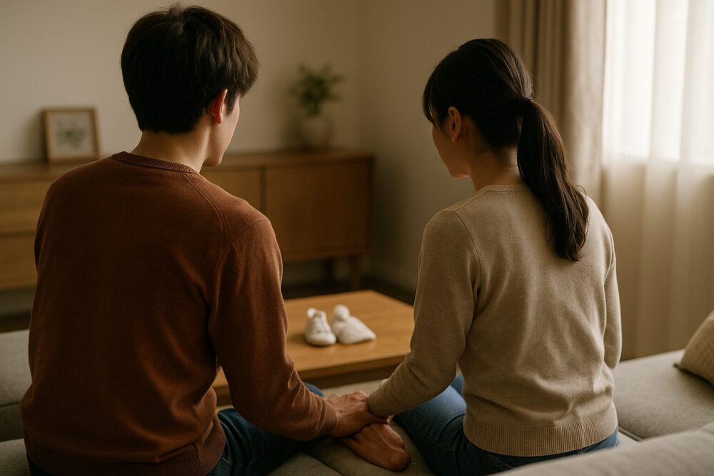 宮沢氷魚と黒島結菜の事実婚と第1子誕生を連想させる、ソファに座るカップルの後ろ姿とテーブル上のベビーグッズの写真