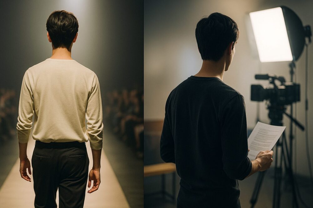 ファッションランウェイを歩く若い男性の後ろ姿と、映画の撮影現場で台本を持つ同じ男性の後ろ姿を並べ、宮沢氷魚のモデルから俳優へのキャリアの変化を表現したイメージ画像