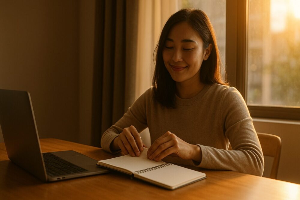 夕暮れの光の中でノートを閉じ、微笑みながら1か月の投資を振り返る女性