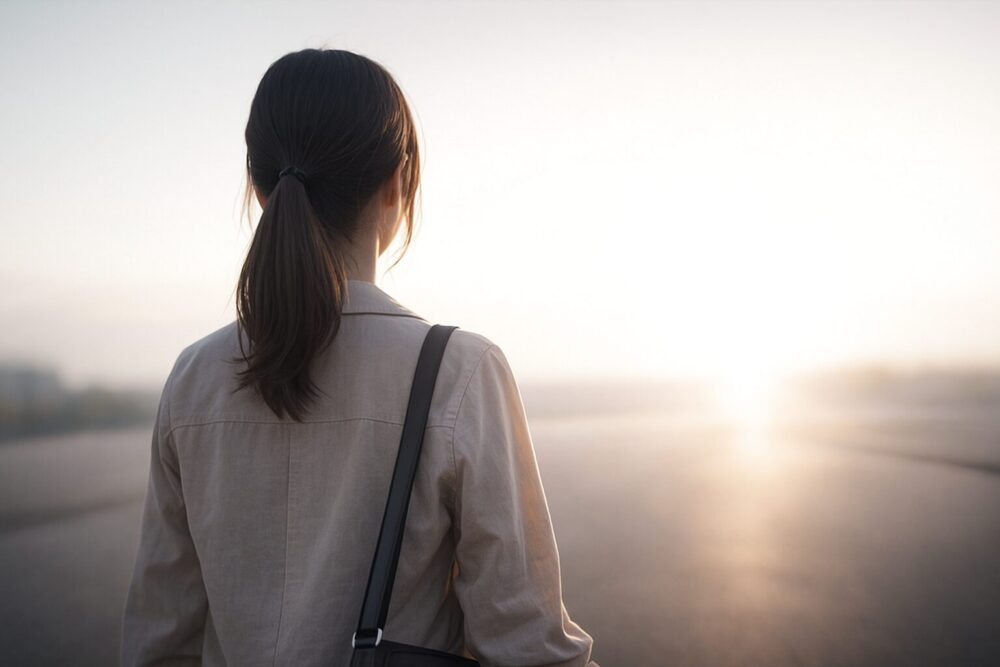 未来へ歩む武藤小麟をイメージした女性が光に向かう後ろ姿の写真