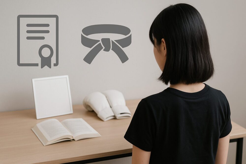 資格証と空手の象徴アイテムを見つめる武藤小麟をイメージした女性の後ろ姿の写真