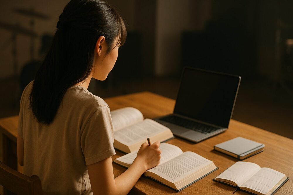 勉強机で学業と活動の両立に取り組む武藤小麟をイメージした女性の後ろ姿の写真