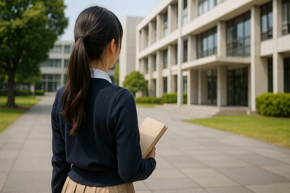 武藤小麟をイメージした女性が成城大学風のキャンパスを見つめる後ろ姿の写真