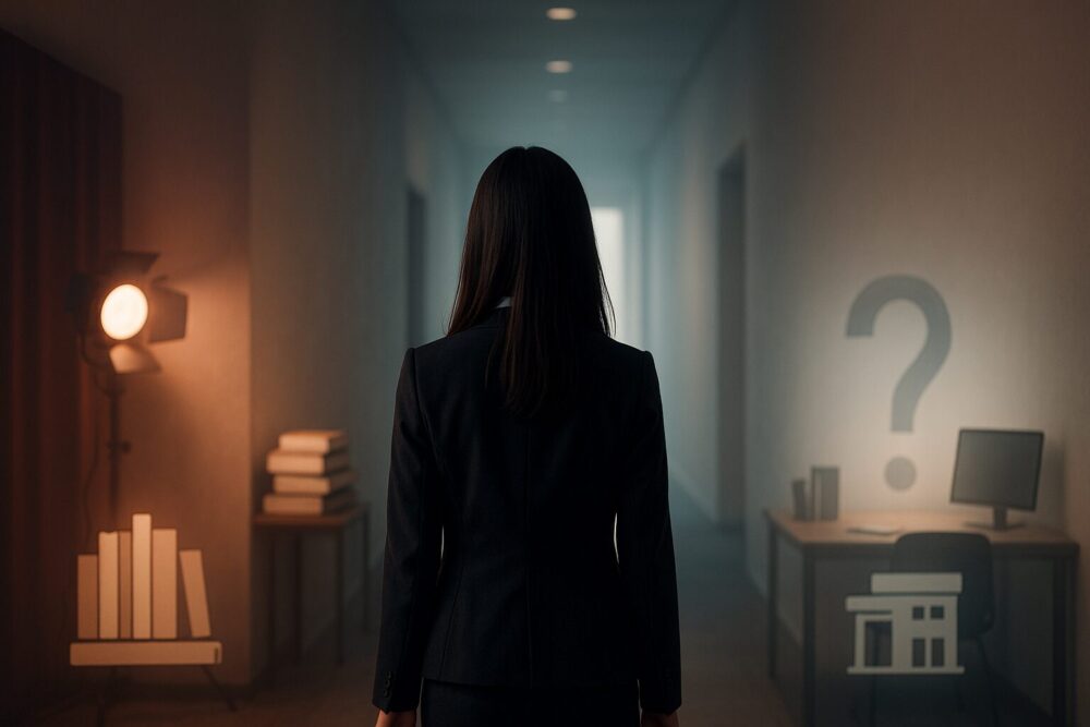 武藤十夢の経歴を象徴する、ステージ・大学院・オフィスの三つの道を歩く女性の後ろ姿のイメージ