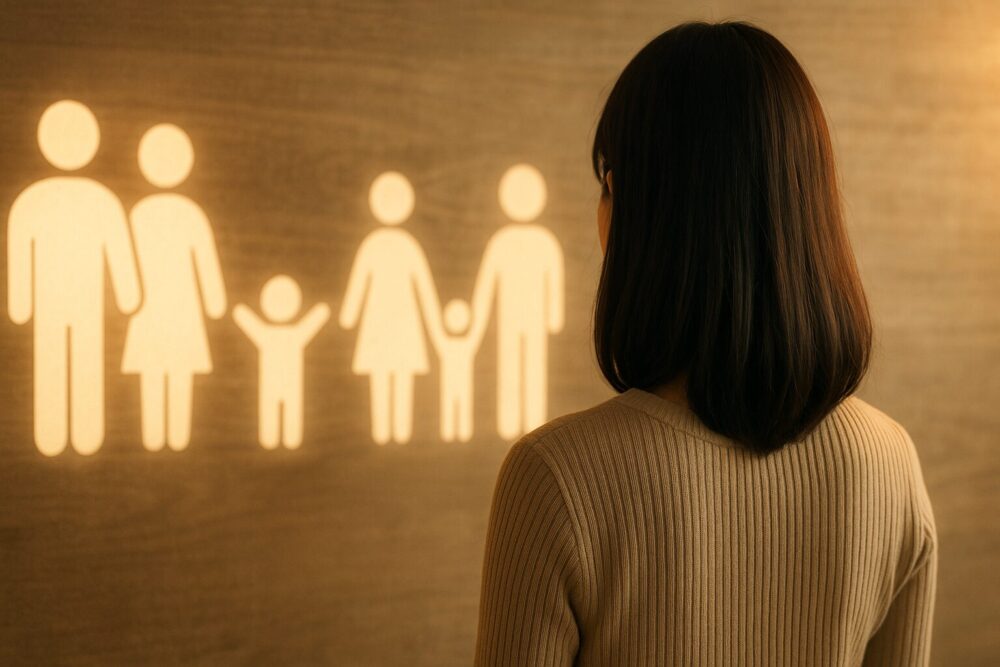 家族写真のシルエットを見つめる女性の後ろ姿で、武藤十夢の家族構成を表すイメージ