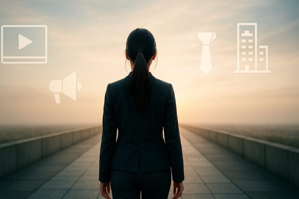 知性を象徴する大きなクエスチョンマークを見上げる女性の後ろ姿のイメージ