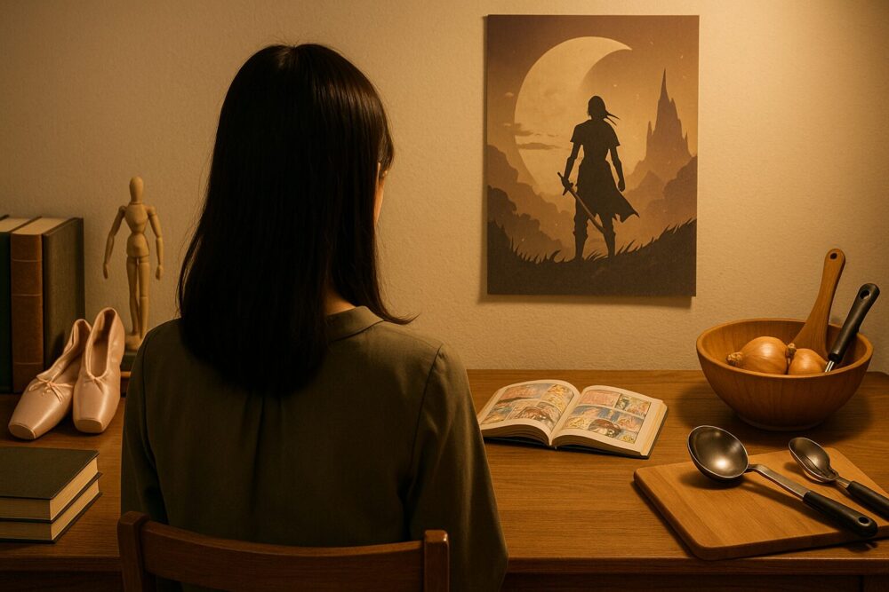 武藤十夢の趣味を象徴する、デスクに趣味アイテムを並べる女性の後ろ姿のイメージ