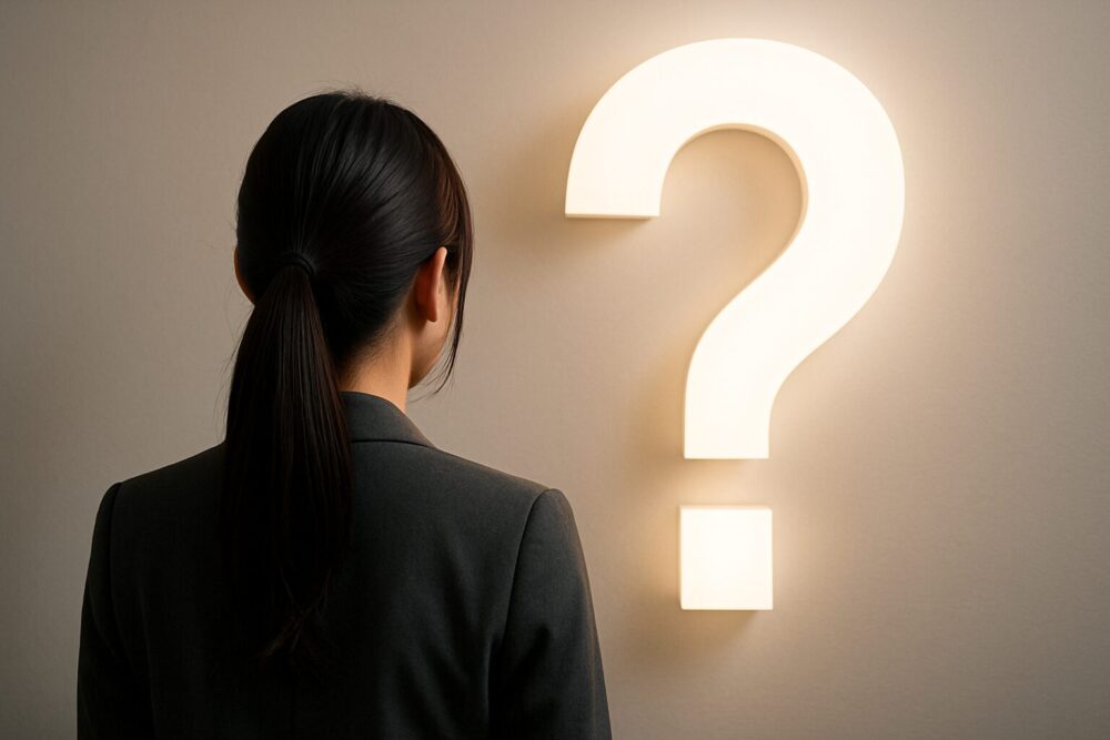 知性を象徴する大きなクエスチョンマークを見上げる女性の後ろ姿のイメージ