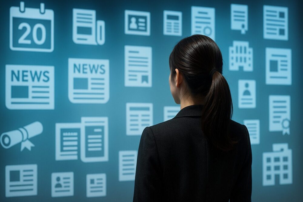 最新ニュースを象徴するデジタルディスプレイを眺める女性の後ろ姿のイメージ