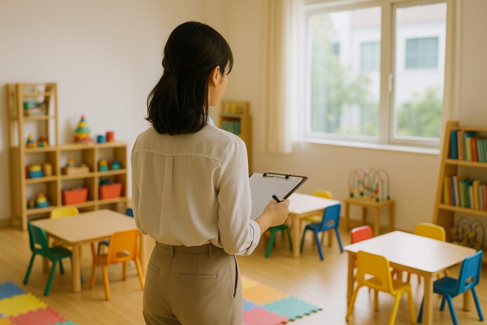 明るい保育園の教室で、後ろ姿の日本人女性がクリップボードを持ちながら部屋全体を見渡している様子。カラフルな椅子やおもちゃが並ぶ温かい雰囲気の空間を表現したフォトリアル画像。