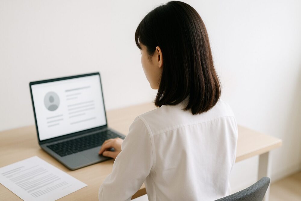 デスクでノートPCと書類を前に、後ろ姿の日本人女性がプロフィール情報を確認するように画面を見つめている様子。「名前」や「本名」をイメージしたフォトリアル画像。