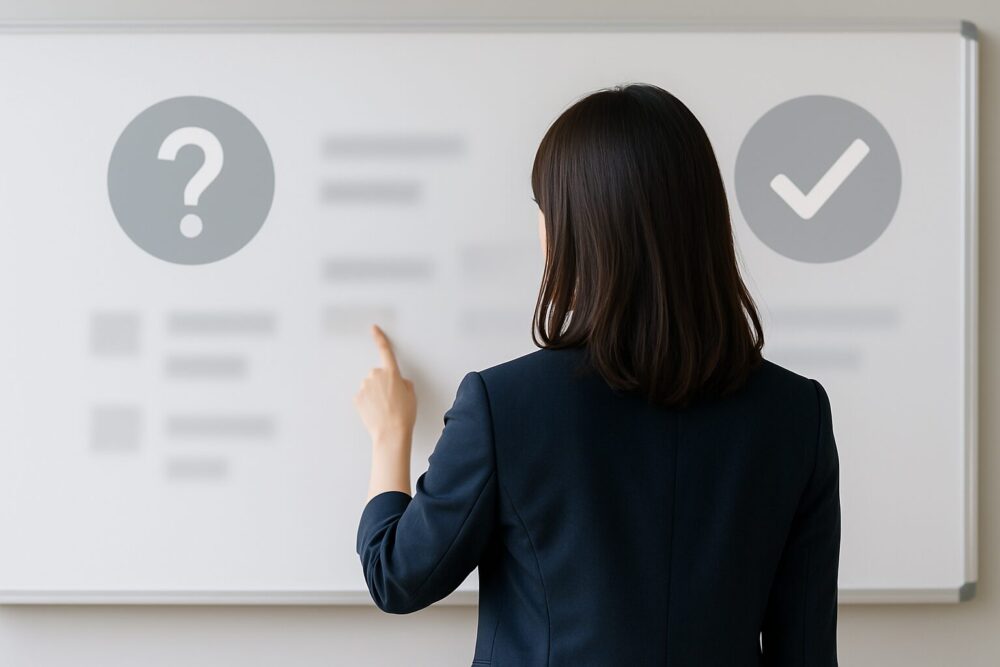 大きなホワイトボードの前で、後ろ姿の日本人女性が「？」アイコンとチェックマークのアイコンを見比べるように指を伸ばしている様子。噂と事実を整理するイメージを表現したフォトリアル画像。